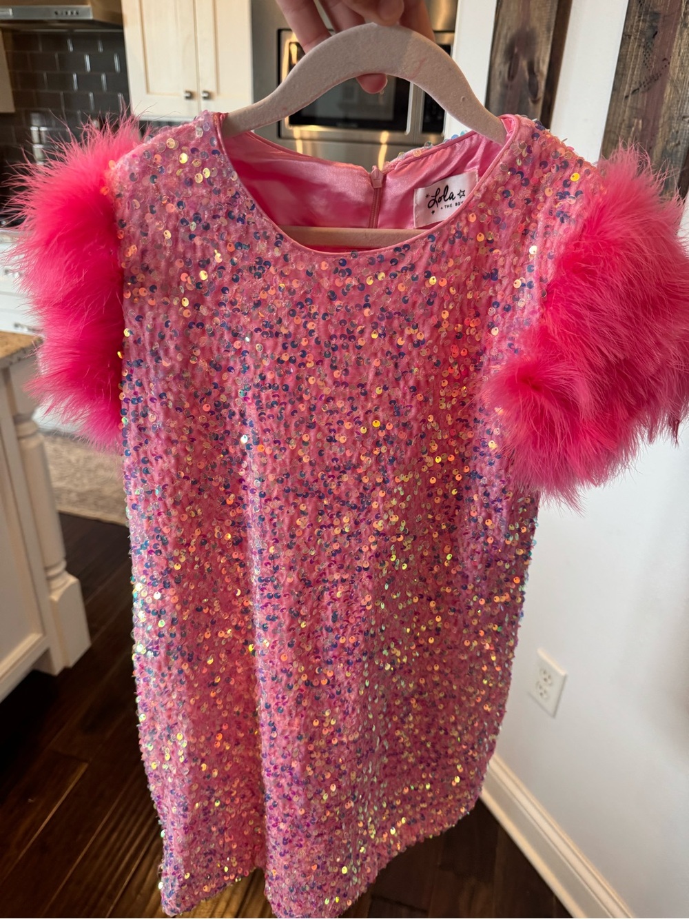 Lola + The Boys Pink Sequin Dress with Hot Pink Faux Fur Sleeves